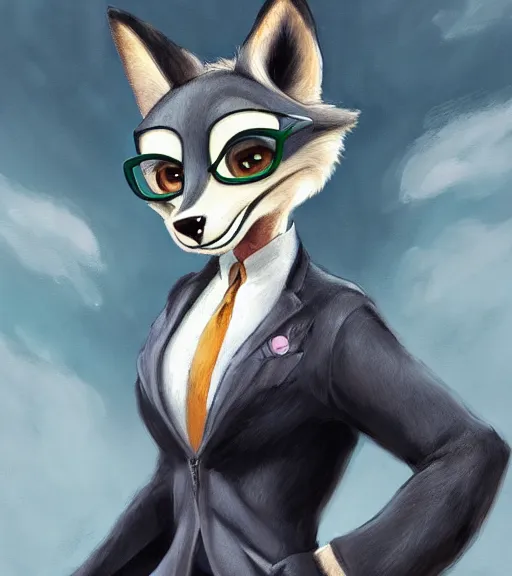 Image similar to oil painting of full body of anthromorphic female wolf, in style of zootopia, zootopia, zootopia, fursona, furry, furaffinity, 4 k, deviantart, furry art, fursona art, wearing black business suit, business suit, in style of zootopia, wolf fursona, cyberpunk, female, expressive detailed feminine face,