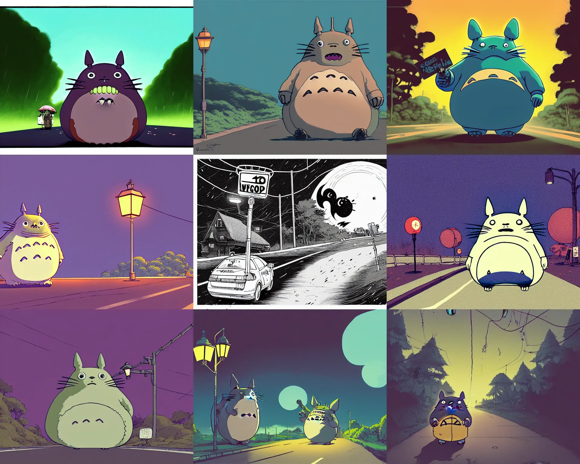 Prompt: a study of cell shaded cartoon of an obese lovecraftian scary totoro on a country road, street lamps, road, illustration, wide shot, subtle colors, post grunge, concept art by josan gonzales and wlop, by james jean, Victo ngai, David Rubín, Mike Mignola, Laurie Greasley, highly detailed, sharp focus, Trending on Artstation, HQ, deviantart, art by artgem