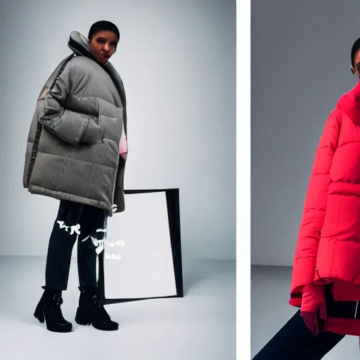 Image similar to realistic photoshooting for a new acne studio lookbook, color film photography, close up, model is wearing a puffer jacket, photo of a woman, photo in style of tyler mitchell, 3 5 mm, vetements, balenciaga, commes des garcon