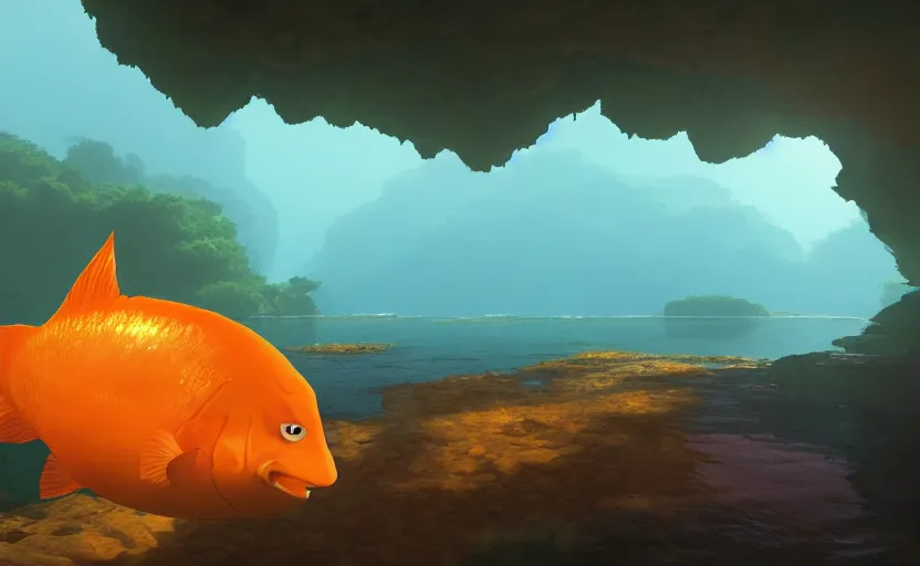 Image similar to a cave lake with some big orange fish inside, studio ghibli, pixar style, octane render, unreal engine 5, path traced, highly detailed, high quality, 8 k, soft lighting, godrays, complementary colors, natural lighting, water parallax, serene landscape, beautiful, elegant, digital painting