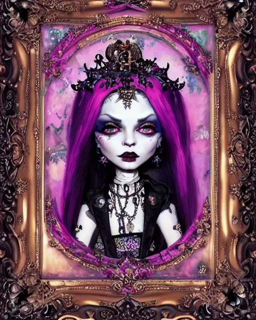 Image similar to maximalist baroque bedazzled gothic royalty frames surrounding a watercolor portrait of maximalist monster high draculaura doll, stephen bliss, unreal engine, by greg rutkowski, loish, rhads, makoto shinkai and lois van baarle, ilya kuvshinov, rossdraws, global illumination, radiant light, detailed and intricate environment, watercolor lighting