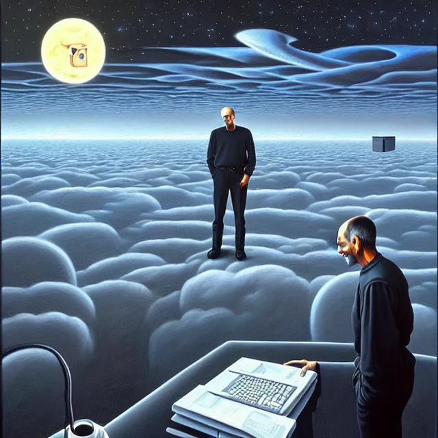 Prompt: an oil on canvas portrait painting of steve jobs in a surreal environment, surrealism, surrealist, cosmic horror, rob gonsalves, high detail