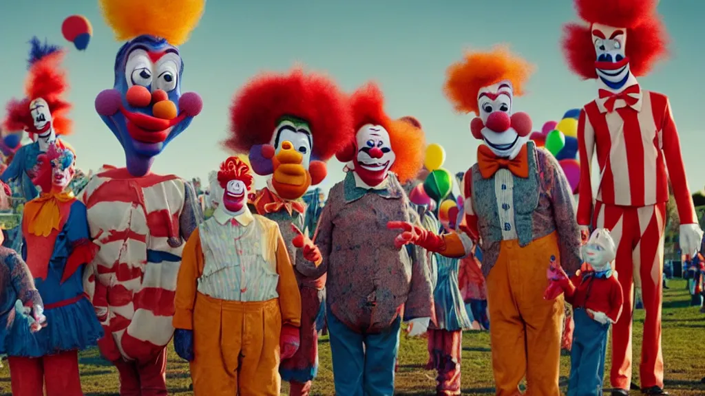 Image similar to the giants clowns at the fair, they tie a balloon animal, film still from the movie directed by denis villeneuve and david cronenberg with art direction by salvador dali and dr. seuss