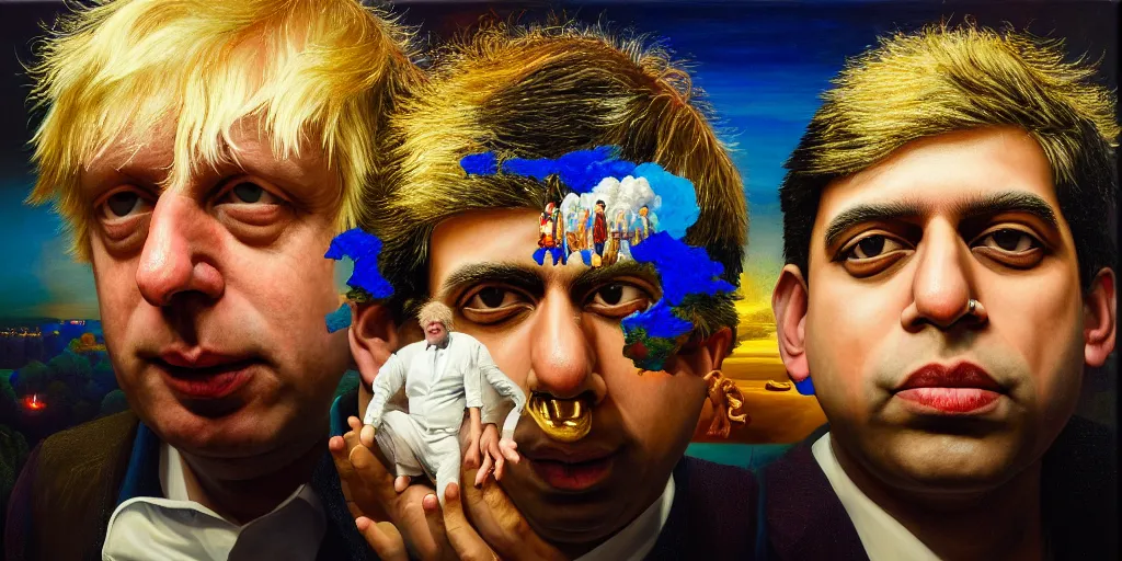 Image similar to rishi sunak and boris johnson in heaven, abstract oil painting by gottfried helnwein pablo amaringo raqib shaw zeiss lens sharp focus high contrast chiaroscuro gold complex intricate bejeweled