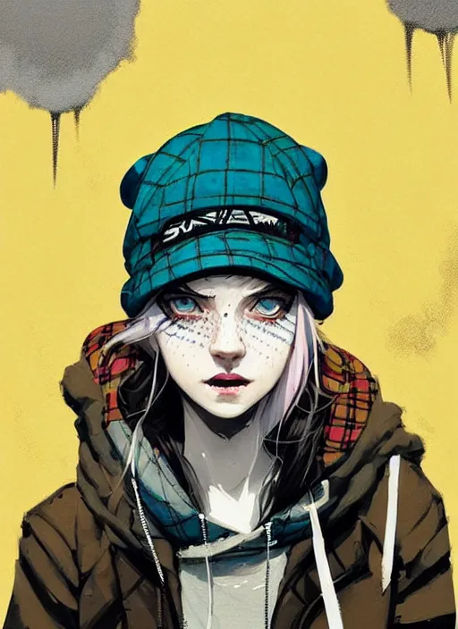 Image similar to highly detailed portrait of a sewer punk lady student, blue eyes, tartan hoody, hat, white hair by atey ghailan, by greg rutkowski, by greg tocchini, by james gilleard, by joe fenton, by kaethe butcher, gradient yellow, black, brown and cyan color scheme, grunge aesthetic!!! ( ( graffiti tag wall