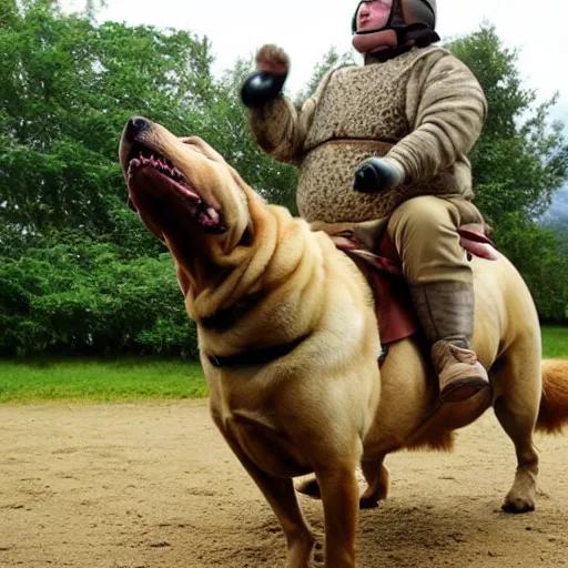 Image similar to fat armoured dog riding a horse