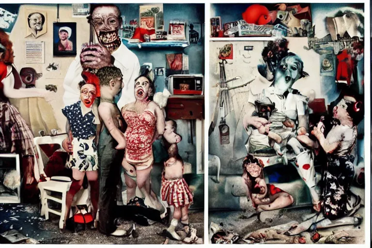 Prompt: full color american nightmare, joel peter witkin photo of 1 9 5 0 s suburban family, capitalist propaganda meets body horror, patriotic nihilism, annie liebovitz, bosch, disney, minimalism, despair