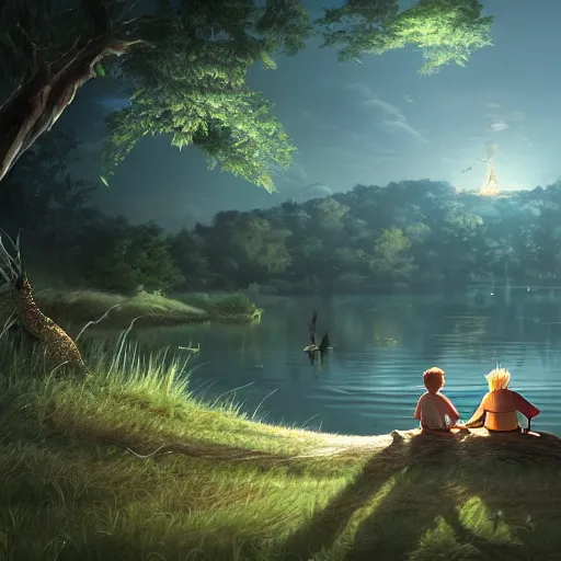 Image similar to a silver dragon and a boy sitting together next to a lake watching firefly at night in forest, concept art, dof, cryengine, digital art, detailed background, makoto shinkai