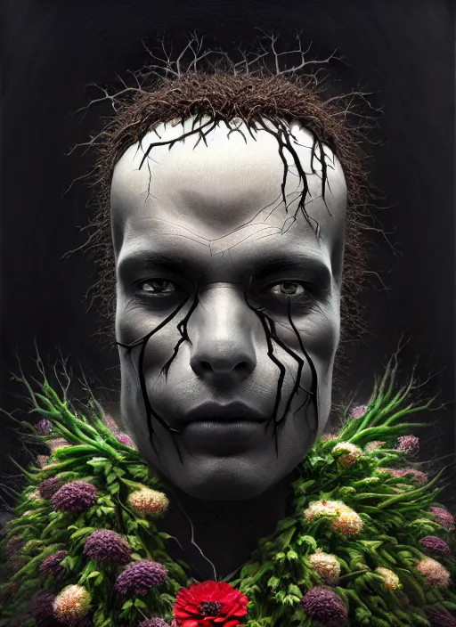 Image similar to an man in a black suit with a head made of flowers and roots, no face, intricate, highly detailed, concept art, hyperrealistic, oil painting by greg staples, 8 k