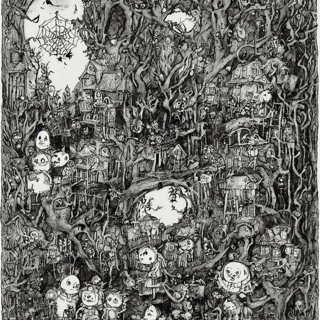 Image similar to a halloween scene by alexander jansson and maurice sendak