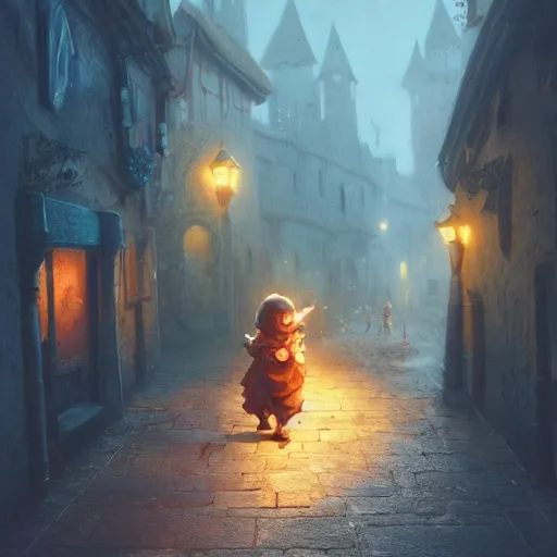 Image similar to huggy wuggy from poppy playtime video game sneaking through the streets of a medieval village at night, glowing lights, oil painting, Greg Rutkowski, Charlie Bowater, Beeple, unreal 5, DAZ, hyperrealistic, octane render, RPG portrait, dynamic lighting, fantasy art, beautiful face