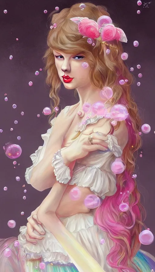 Image similar to portrait of Taylor Swift as a magical lolita girl, dreamy and ethereal, expressive pose, big pink eyes, peaceful expression, ornate frilly dress, fantasy, intricate, elegant, many rainbow bubbles, rose tones, highly detailed, digital painting, artstation, concept art, smooth, sharp focus, illustration, art by artgerm and greg rutkowski and alphonse mucha