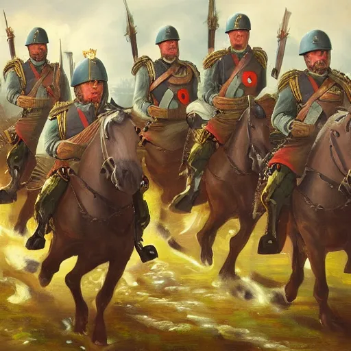 Image similar to found footage of general boris johnson leading his men into battle, glorified image, 8k, oil painting, boris johnson