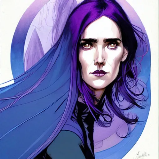 Prompt: in the style of Joshua Middleton comic art, beautiful witch spooky female, Jennifer Connelly, blue and purple glowing hair, perfect eyes perfect symmetrical eyes, symmetrical face, dark forest background, painterly style