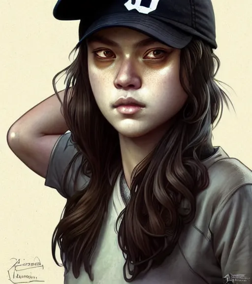 Prompt: symmetry ( clementine from the walking dead wearing her iconic baseball ( letter d ) hat portrait ) ultra detailed, intricate, anime, dynamic lighting, digital art, digital painting, art station, wlop, sharp focus, illustration, art by artgerm and greg rutkowski and alphonse mucha