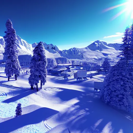 Image similar to : psychedelic ski resort, hyper - realistic, detailed, render by c 4 d octane, unreal engine, 8 k 3 d render