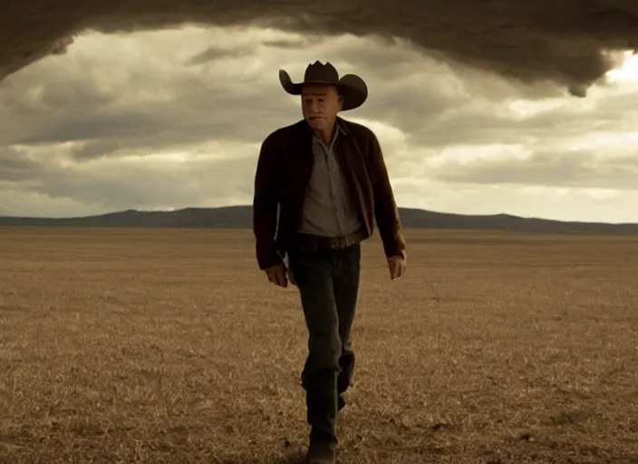 Image similar to film still of Clint Howard as Cooper with cowboy hat on in Interstellar, 4k