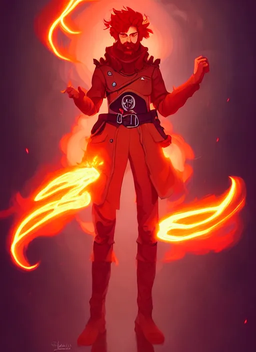 Image similar to style artgerm, joshua middleton, illustration, john krasinski as alchemist artificer wearing orange pelt light armor, anime eyes, red hair, swirling fire flames cosmos, fantasy, dnd, cinematic lighting