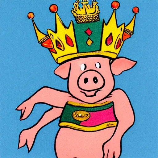 Image similar to a pig wearing a gold crown in the style of Friz Freleng