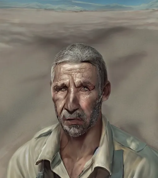 Image similar to portrait of muscular, tired and alcoholic 3 0 - year - ol 5 grieving man with short darkblonde hair, serious sad look in his eyes, looking down, dirty beard, blue eyes, crying tears, wearing dirty soldier uniform, on the desert, sad atmosphere, hyper realistic face, character art, art by mark brooks, cryengine, trending on artstation, digital art