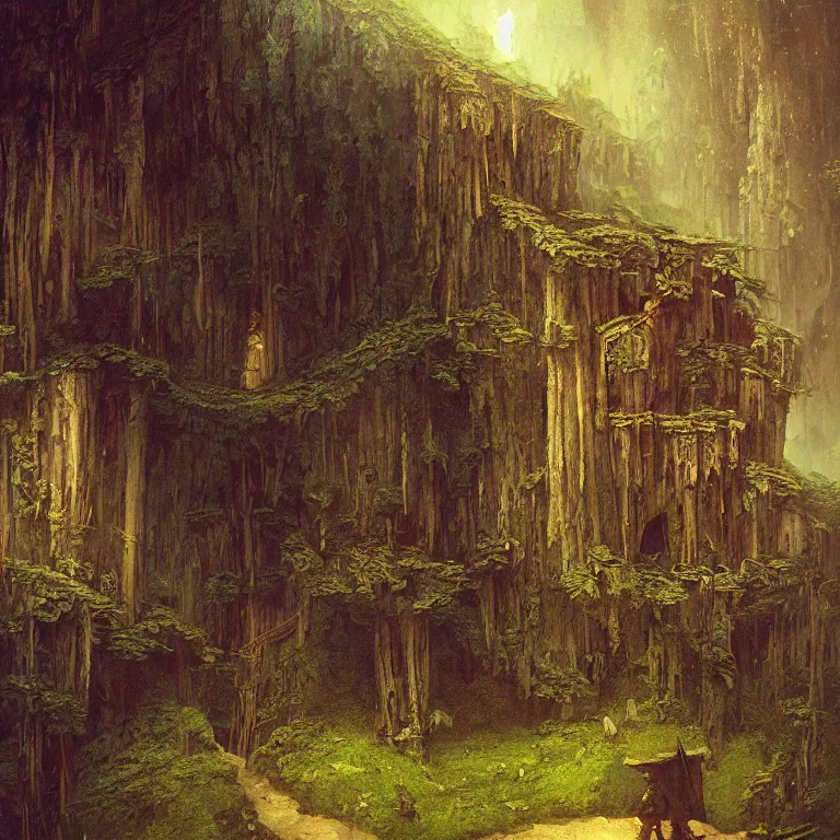 Prompt: a detailed painting inspired by moebius and beksinski of a medieval two floor building in the forest. fantasy poster. lord of the rings style. cinematic fantasy scene. fantasy. carl spitzweg. renaissance elements. renaissance element. oil painting. award winning. trending on artstation. 8 k