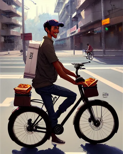 Prompt: a ultradetailed painting of a uber eats food delivery guy on a bicycle, greg rutkowski and makoto shinkai trending on artstation
