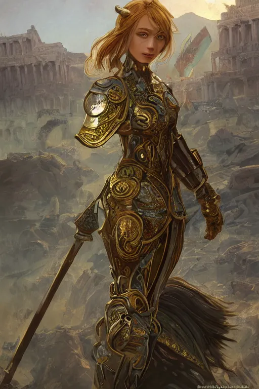Prompt: portrait knights of Zodiac girl, metalic green and white reflected armor, in ruined Agora of Athens sunrise, ssci-fi, fantasy, intricate, very very beautiful, elegant, golden light, highly detailed, digital painting, artstation, concept art, smooth, sharp focus, illustration, art by tian zi and WLOP and alphonse mucha