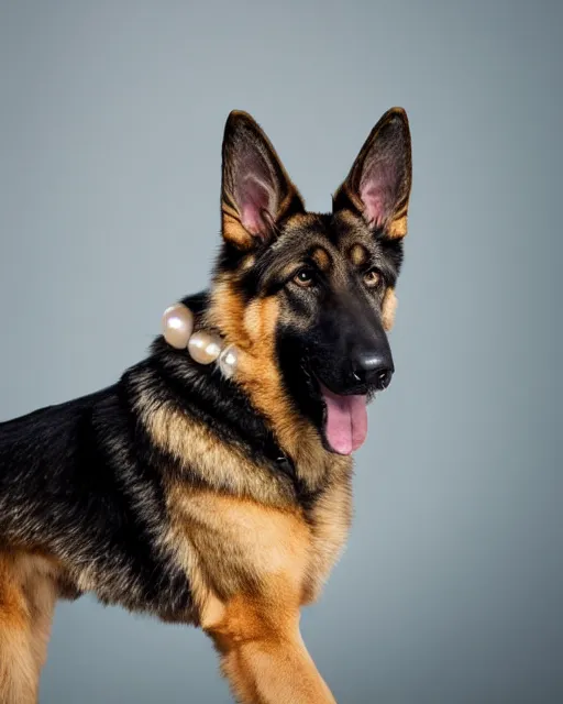 Prompt: An extremely beautiful studio photo of a German Shepherd dog in the style of the Girl With a Pearl Earring, bokeh, 90mm, f/1.4