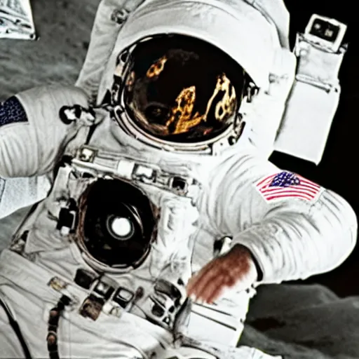 Prompt: an astronaut using a vintage camera. taking a photo of beer