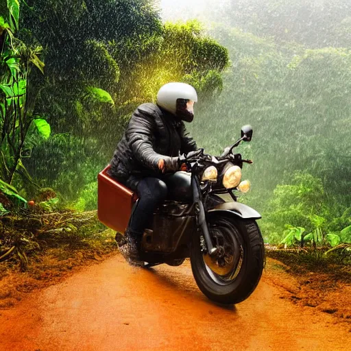 Prompt: a giant potato riding a motorcycle through the jungle, low angle with rain and lightning