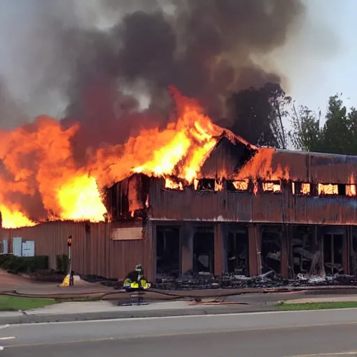 Prompt: The lumber section of a Lowe's Warehouse on fire