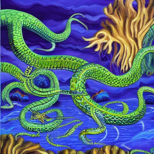 Prompt: Sea Serpent Oil and Acrylic Painting, Detailed, Fantasy, High Renaissance