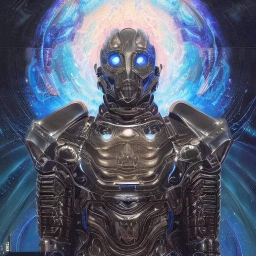 Prompt: 'Quantum Lord' A beautiful detailed sci-fi portrait painting depicting 'The dark lord of universe, standing in his shimmering quantum armor in front of space' by Wayne Barlowe and Takashi Murakami, Trending on cgsociety artstation, 8k, masterpiece, highly detailed.