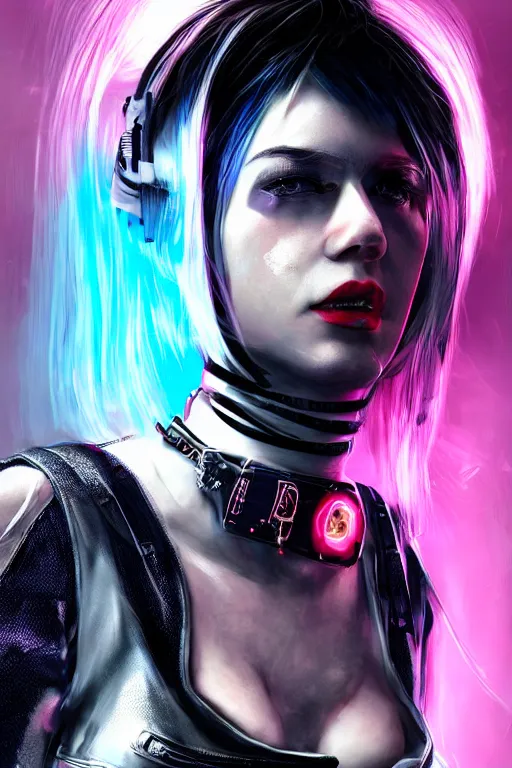 Image similar to detailed realistic female rock star cyberpunk wearing thick technological collar around neck, realistic, art, beautiful, 4K, collar, choker, collar around neck, punk, artstation, detailed, female, woman, choker, cyberpunk, neon, punk, collar, choker, collar around neck, thick collar, tight around neck, punk,