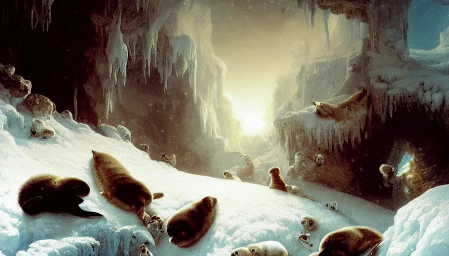 Image similar to highly detailed painting of cute furry white baby seals eating fish inside a snowy fantasy ice crystal cavern by william turner, by greg rutkowski, by william constable, thick brush strokes and visible paint layers, 4 k resolution