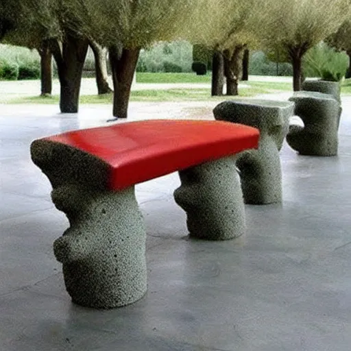 Image similar to creative concrete benches, colorful, olive trees