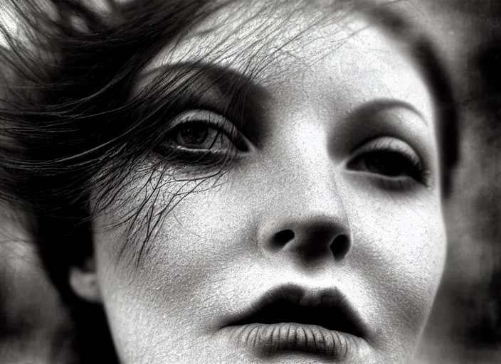 Image similar to award winning face close up portrait of a redhead in a park by hr giger