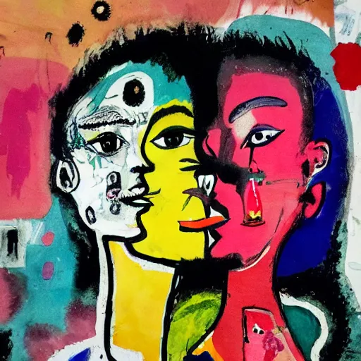 Image similar to watercolor painting of two bizarre psychedelic goth women kissing each other closeup in a cafe in spain, speculative evolution, mixed media collage by basquiat and jackson pollock, maximalist magazine collage art, sapphic art, lesbian art, chemically damaged