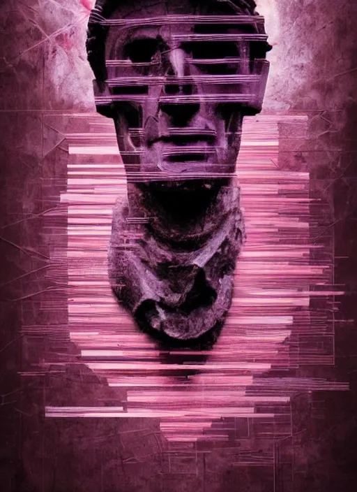 Prompt: elegant dark design poster showing a statue of julius caesar with a skull, black background with very subtle red and purple design elements, bold, powerful, nekro, vito acconci, thin straight purple lines, dark, glitch art, neo vaporwave, gritty, layout frame, square, trending on artstation