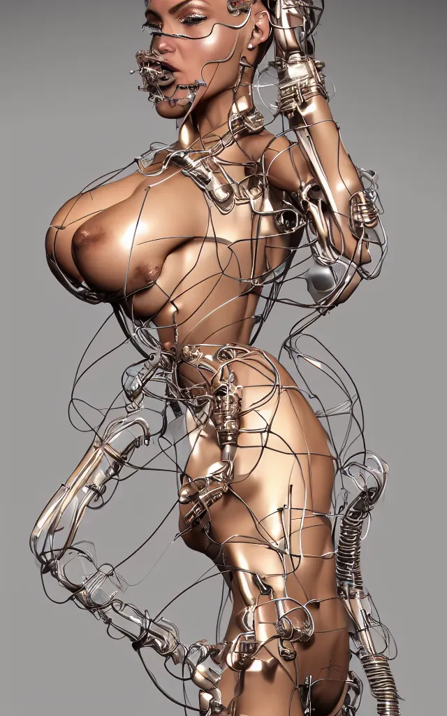 Image similar to beauty woman made of wires and tubes, very detailed, dramatic lighting, mechanical details, back facing, electrical details, high details, 4k, 8k, trending on artstation, by Hajime Sorayama and Boris Vallejo