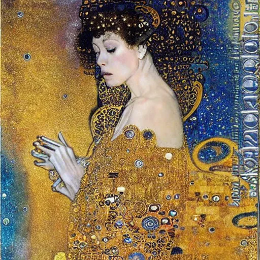 Image similar to dreamy angel, in the cosmos, 🌫🌌 intricate long shelve robes, intricate detail, klimt, royo,