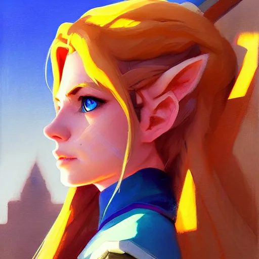 Prompt: portrait of a female Link from legend of Zelda, medium shot, asymmetrical, profile picture, Organic Painting, sunny day, Matte Painting, bold shapes, hard edges, street art, trending on artstation, by Greg Manchess and Huang Guangjian and Gil Elvgren and Sachin Teng