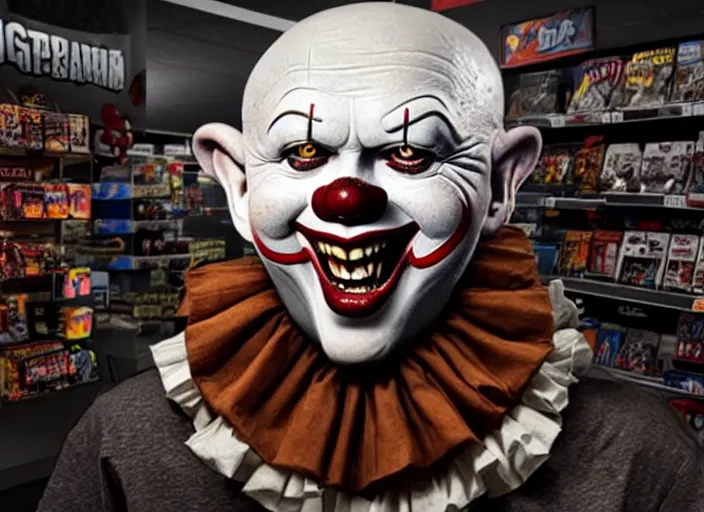 Image similar to giant pennywise seen shopping at gamestop, pennywise can be seen buying his game collection, amazing details, atmospheric, surrealism, 8 k, octane render, cold hue's, warm tone gradient background