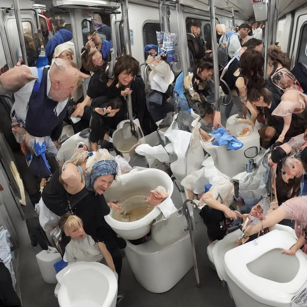 Prompt: people were flushing their cats down the toilet. this was for a charity, unspecified but highly regarded. people were on the train, looking at artefacts from outer space, listening to talk show djs discussing