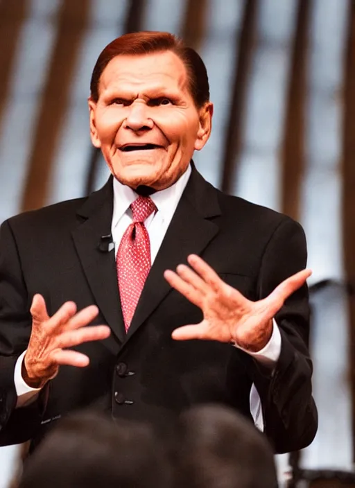 Image similar to photo of kenneth copeland with devil horns on stage at church spewing flames