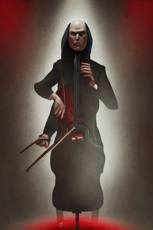 Image similar to an expressive portrait of agent 4 7 playing the cello in a monastery, dark background, red rim light, digital art, artstation, concept art by giger stalenhag