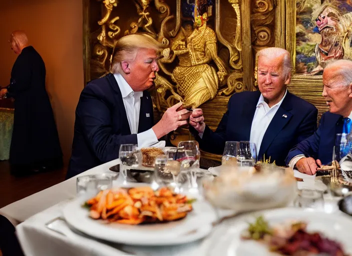 Prompt: Trump and Biden having dinner at a fancy Balinese restaurant, award winning cinematic photography, sigma 85mm Lens F/1.4, blurred background, perfect faces