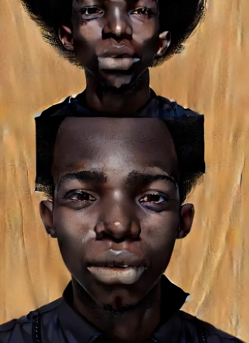 Prompt: portrait of a nigerian teen boy with a crooked nose and a confident expression, 1 9 6 0 s, black clothes, goth, punk, brightly coloured hair, funk, intricate, elegant, highly detailed, digital painting, artstation, concept art, smooth, sharp focus, illustration, art by wlop, mars ravelo and greg rutkowski