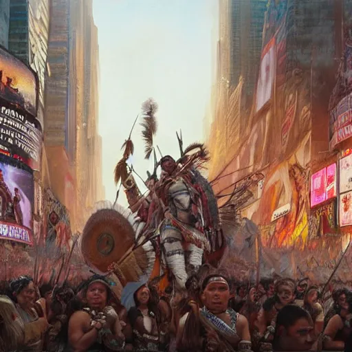 Prompt: A beautiful wide angle cinematic painting of an Indigenous warrior tribe declaring an end to colonizer rule in time square, colonizers demise, intricate detail, ornate, conceptual art, soft light, dynamic, sharp focus, depth of field blur, art by artgerm and greg rutkowski and alphonse mucha