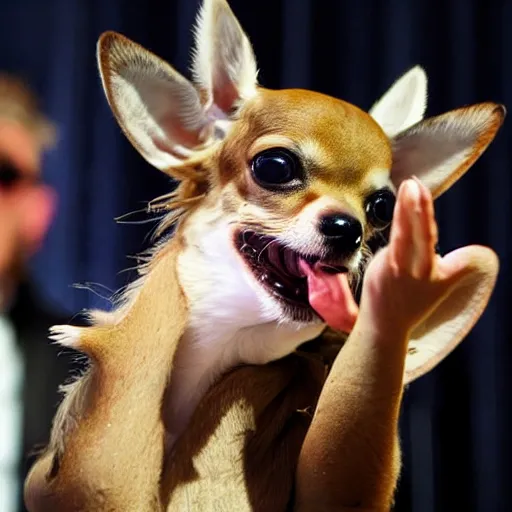 Prompt: deer head chihuahua rapping on stage. Photo.